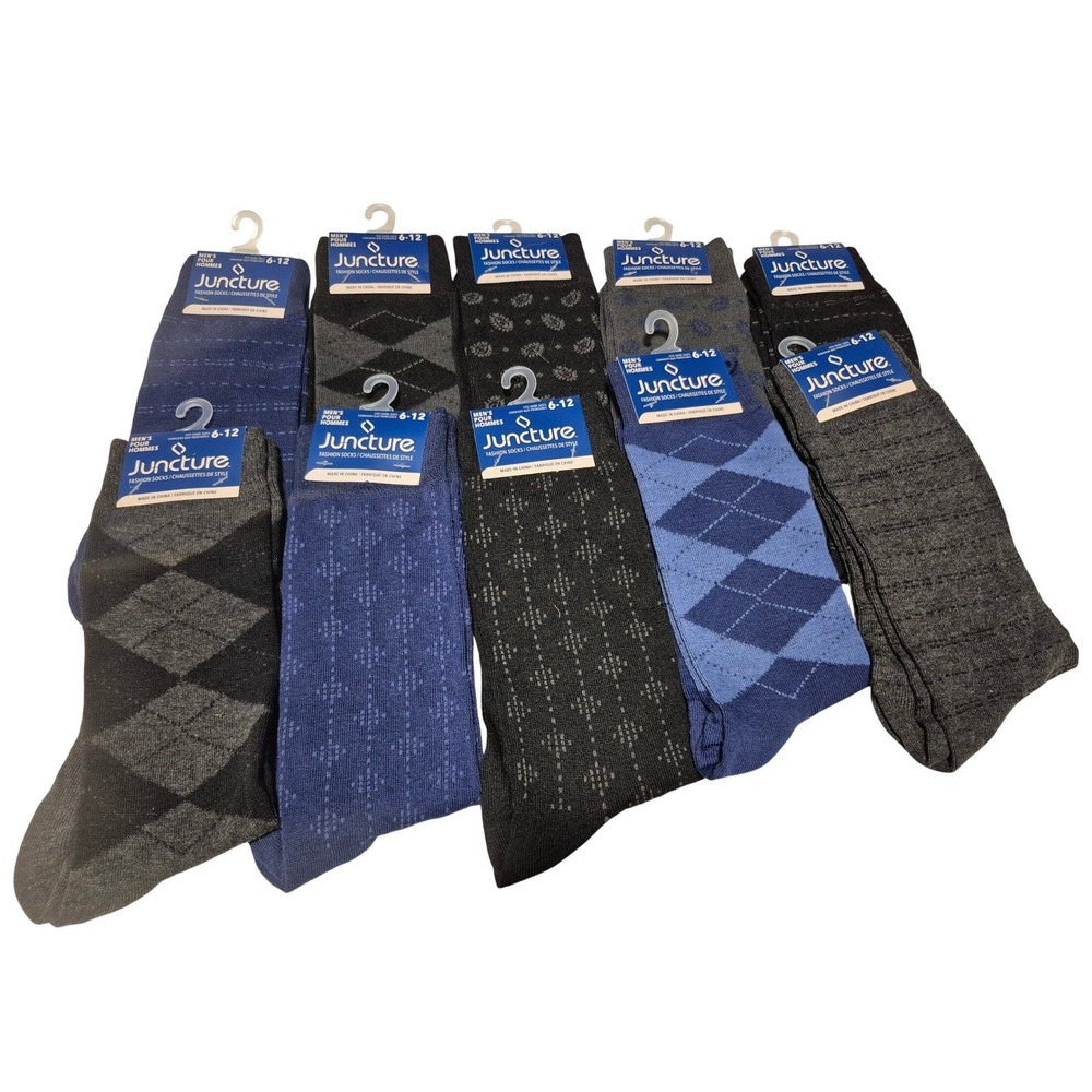 Juncture Mens Fashion Socks 10 Pair Lot Argyle Geometric Dress Socks Size 6-12